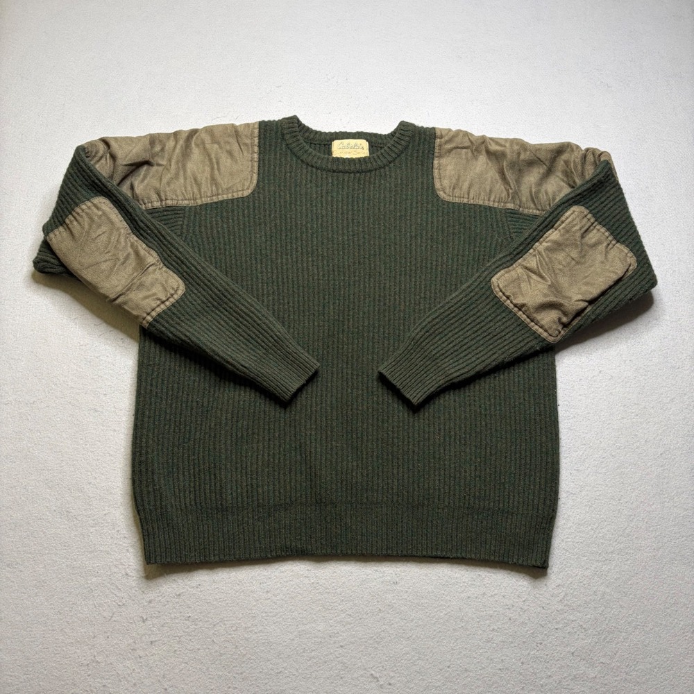Cabela's Sweater Mens XL Green Outfitter Series‎ Lambswool Shooting Patch Ribbed